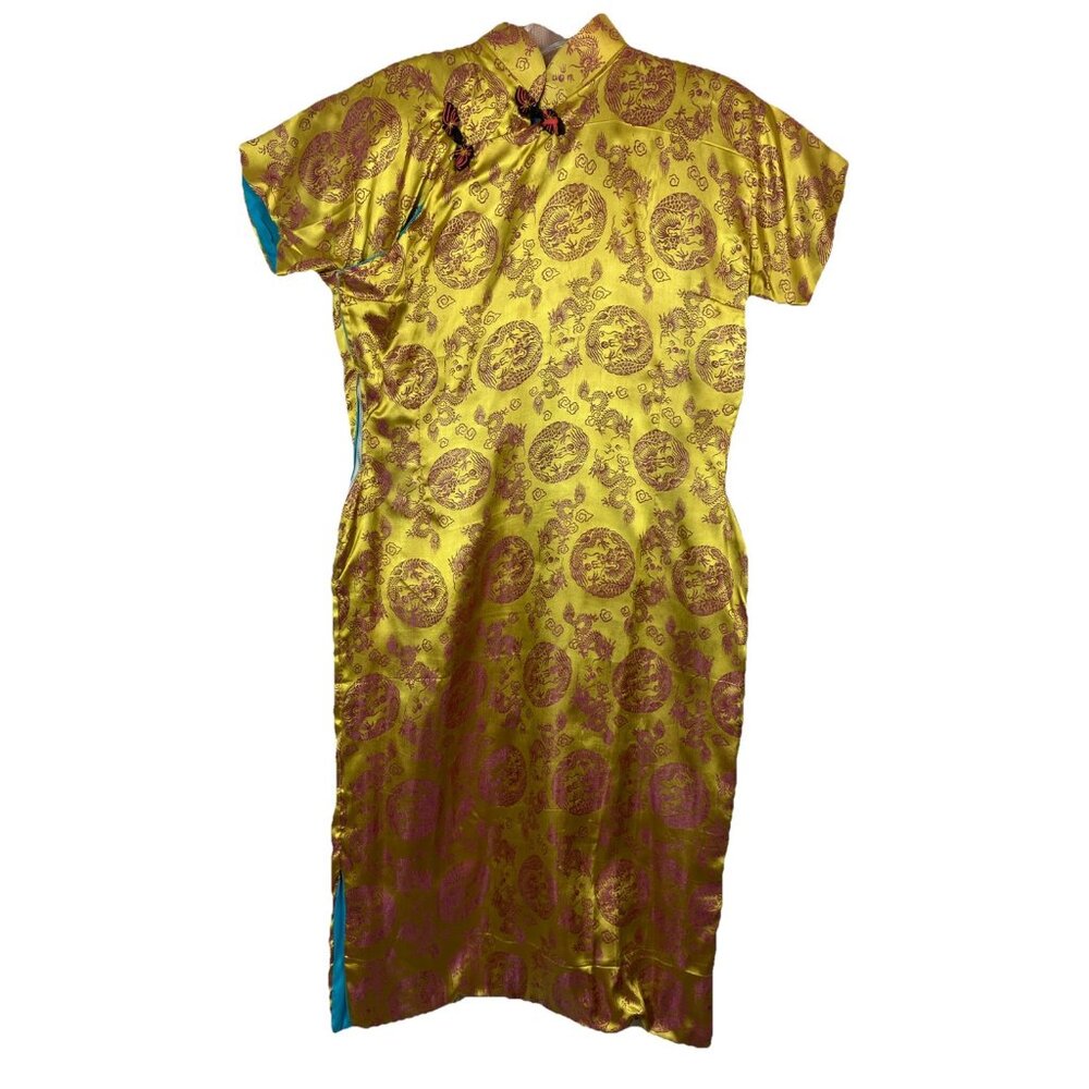 XL Vintage 1950s Chinese Qipao dragon medallion dress